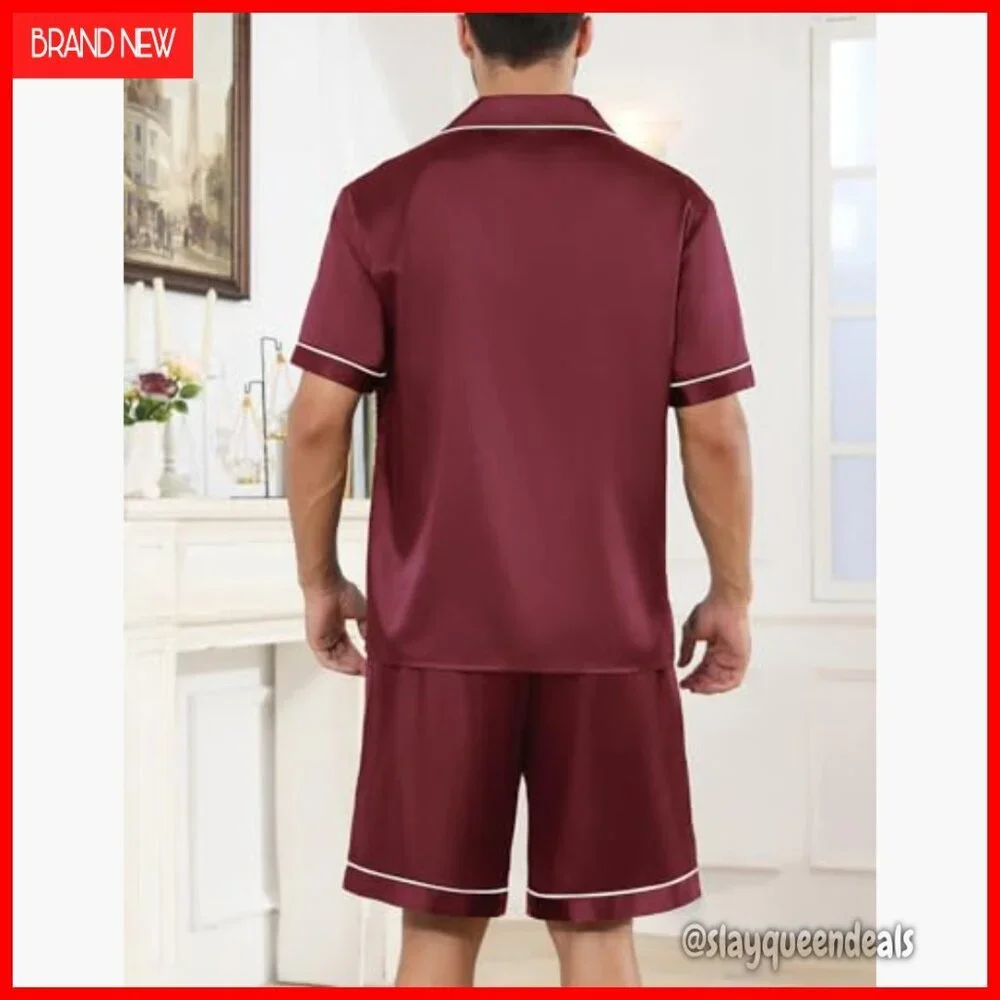 Men's Silk Satin Pajama Set Short Sleeve Sleepwear Lounge with Pockets